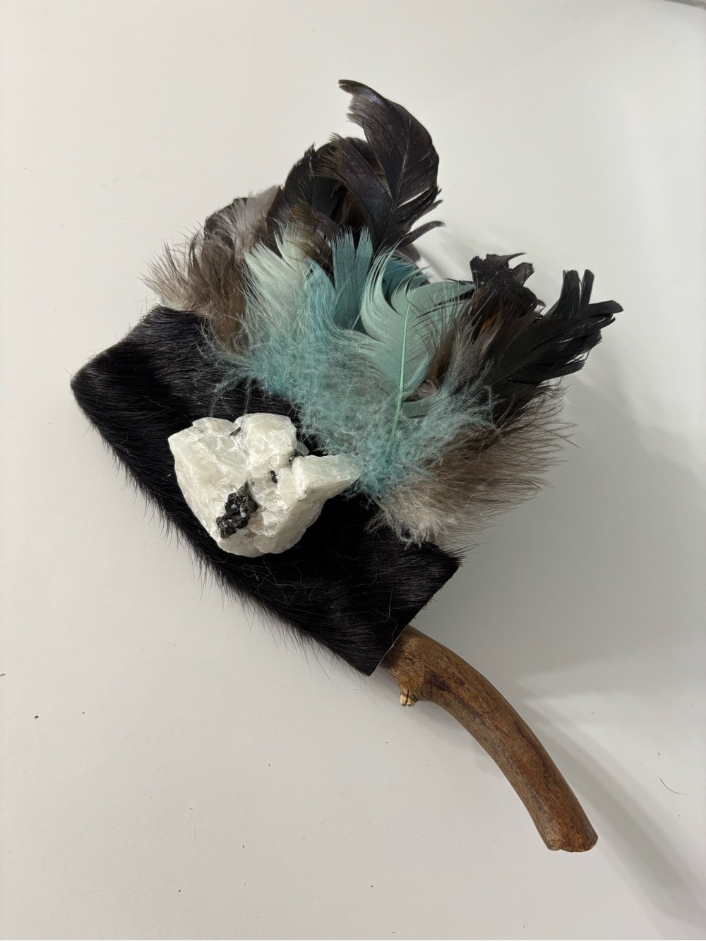 Feather, Cowhide & Moonstone Smudge Fan in Black with Aqua Accent